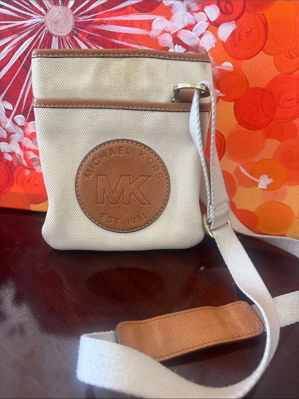 Michael Kors Cream and Brown Leather-Trim Messenger Bag